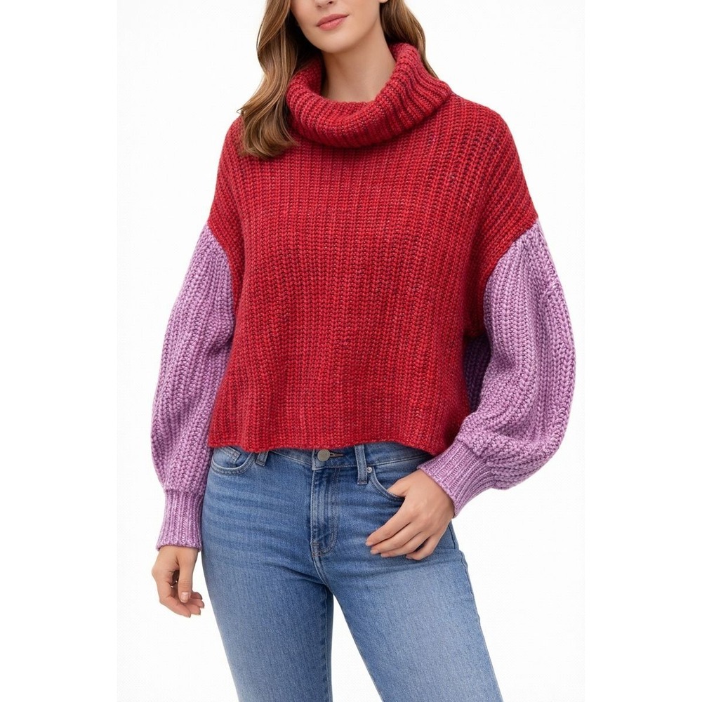 Elodie Colorblock Turtleneck Sweater Purple Red Lilac Puff Sleeve Knit XS‎